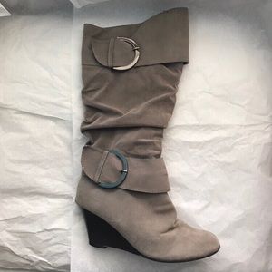 Adorable beige green knee high boots.